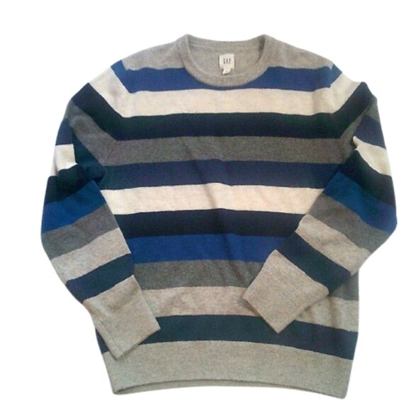 Gap Sweater Mens Med Blue Gray Striped Merino Wool Extra Fine Wool - Picture 2 of 3